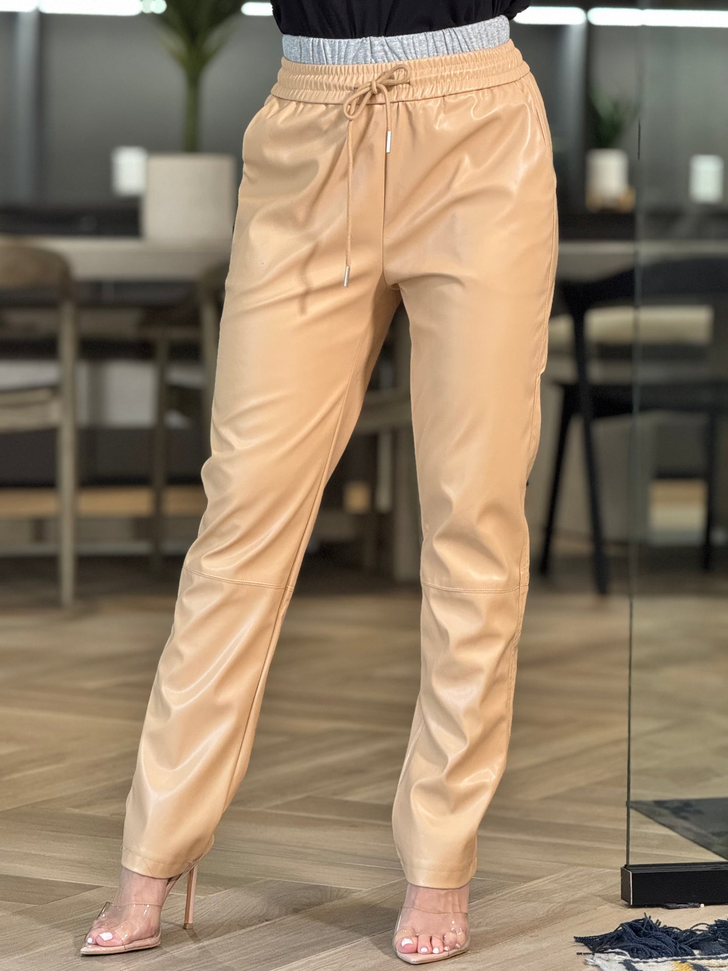 Balbina Beige Leather Waistband Pants