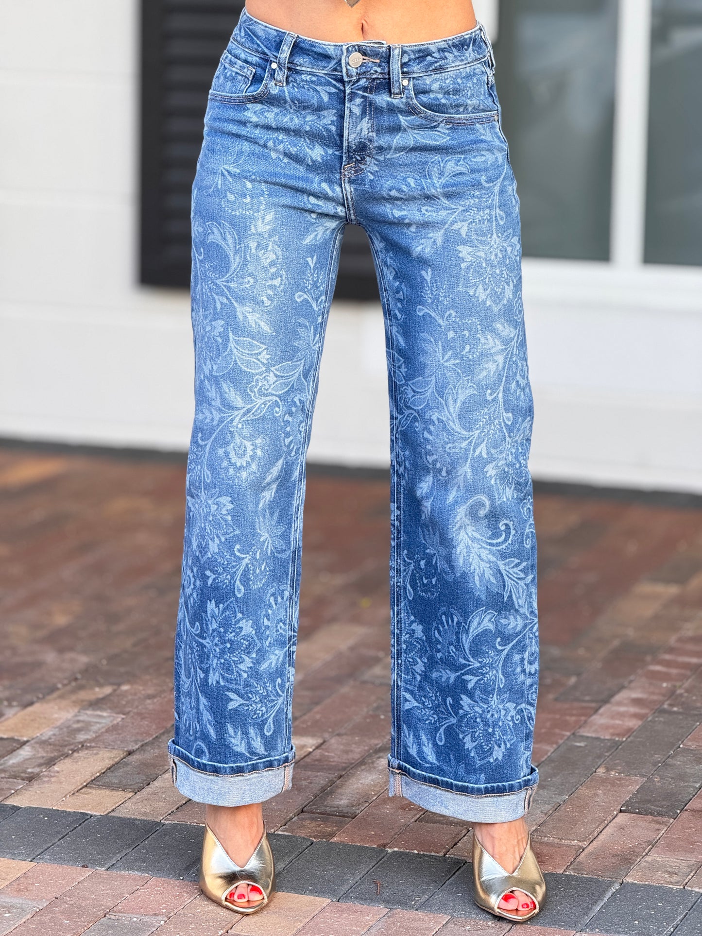 Risen Double Tone Floral Print Jeans