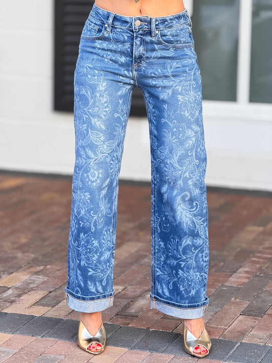 Risen Double Tone Floral Print Jeans