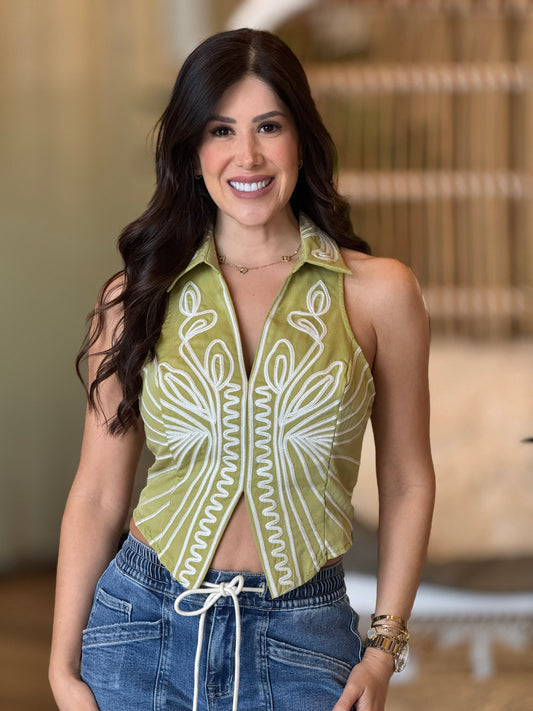 Milka Green Embroidery Vest Top