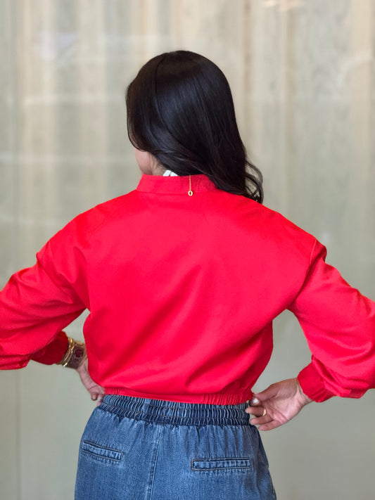 Adie Red Satin Bomber Jacket Top