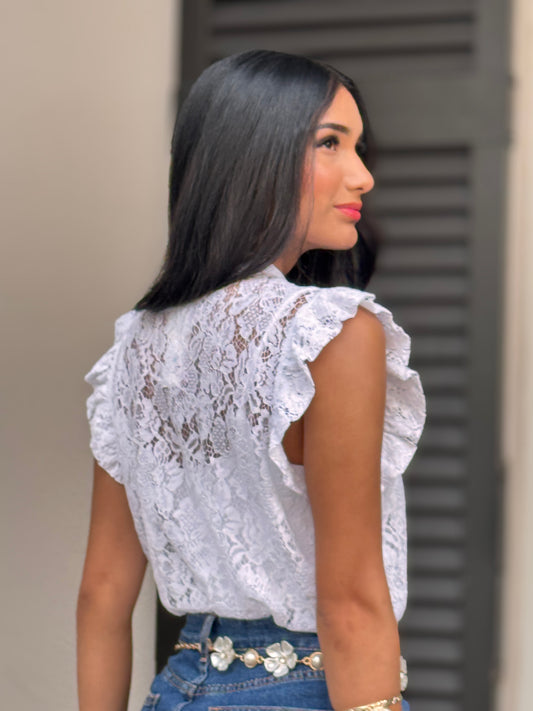 Nyla Chinese Off White Torchon Ruffle Top