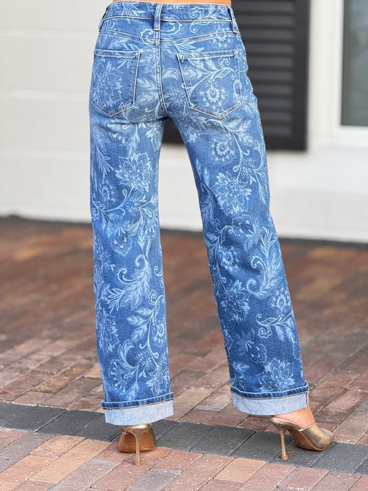 Risen Double Tone Floral Print Jeans
