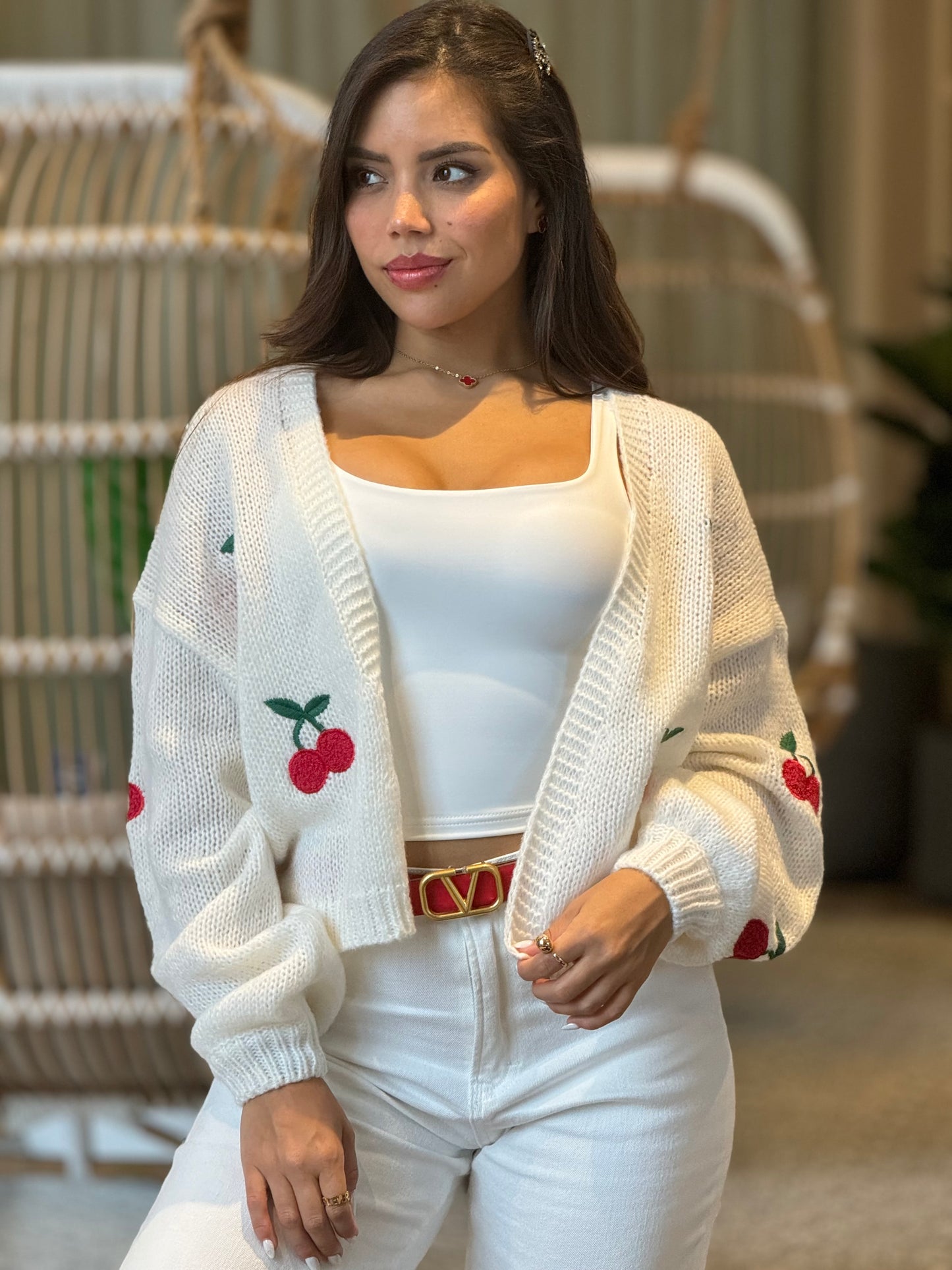 Little Cherry White Knitted Cardigan