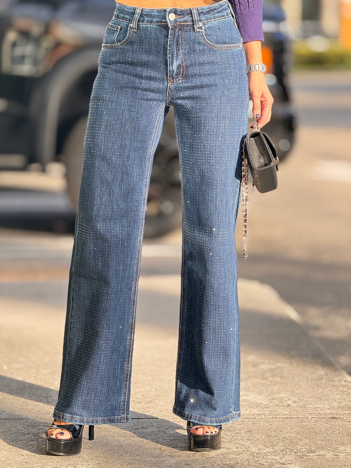 Lizzie Dark Denim Simple Rhinestone Jeans