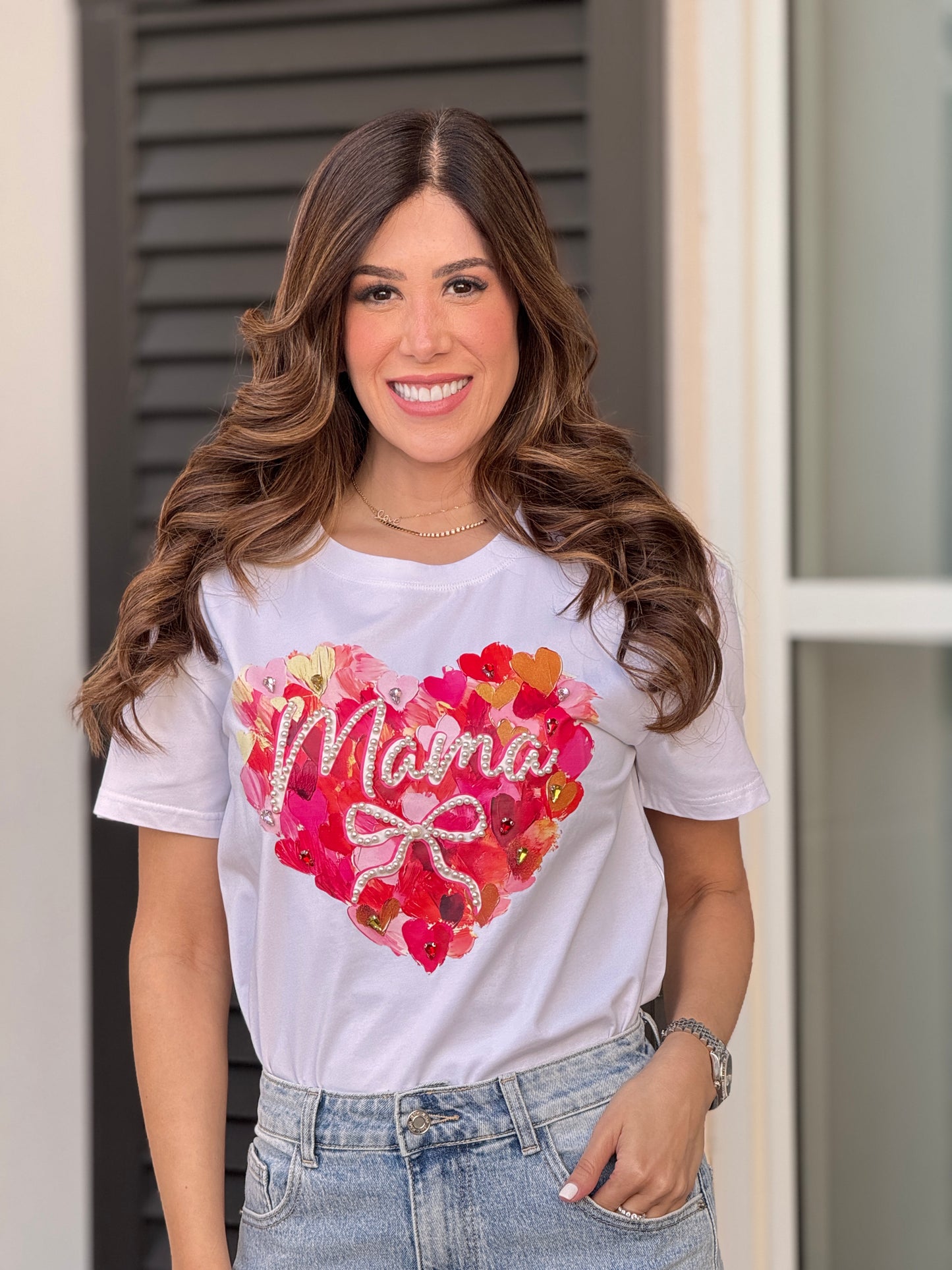 Mama Pink Heart White T-Shirt