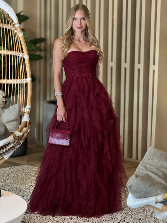 Linda Burgundy Tulle Dress Gala