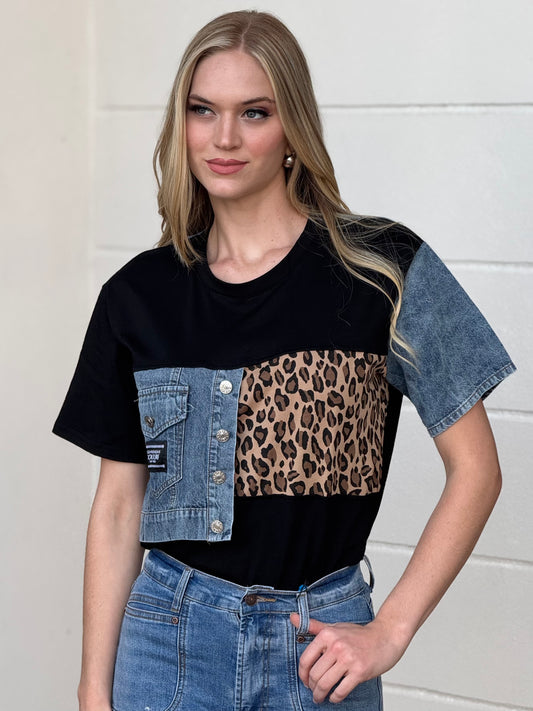 Angelica Black Denim/Leopard T-Shirt