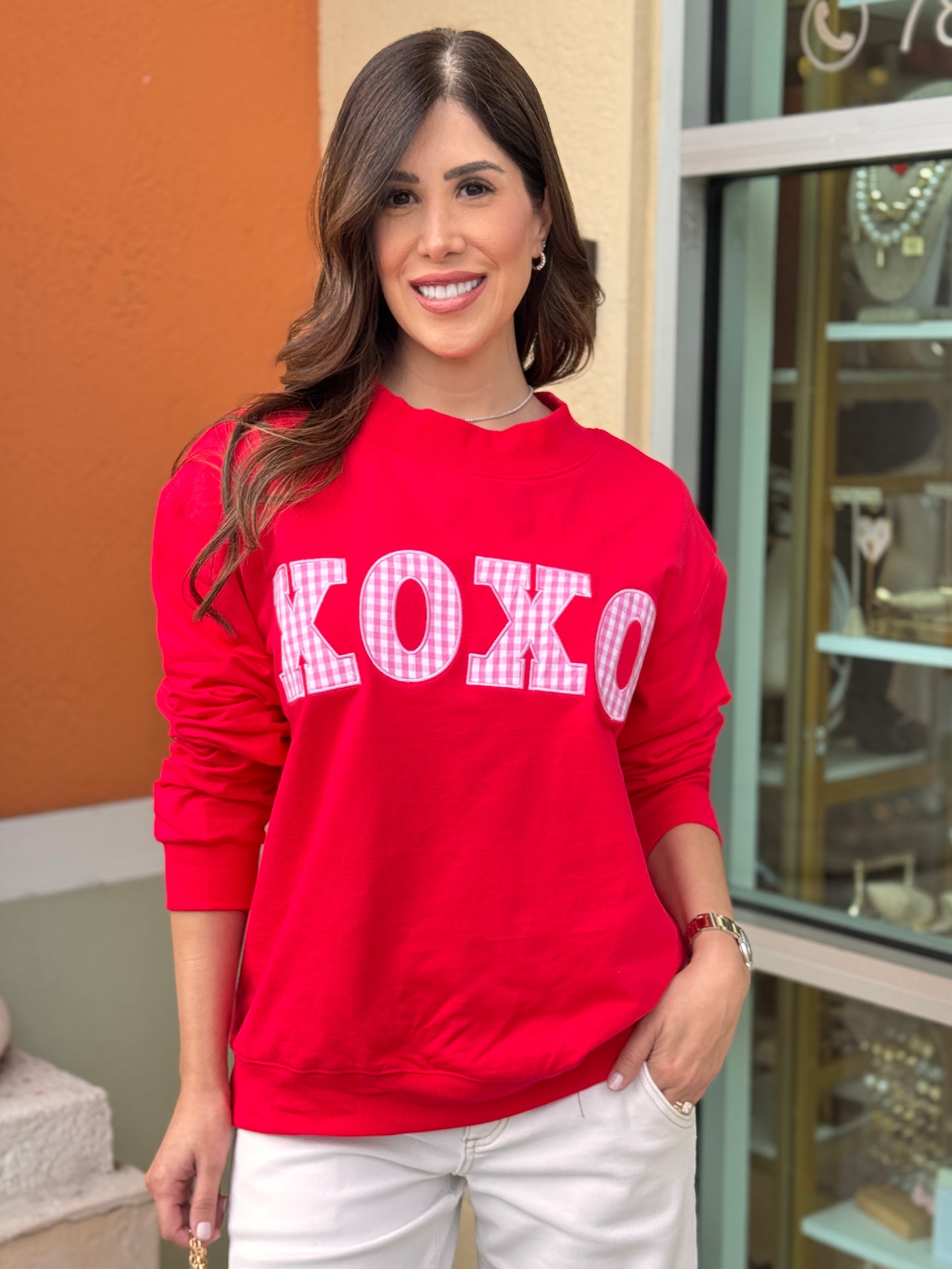 XOXO Red/Pink Gingham Sweater Top