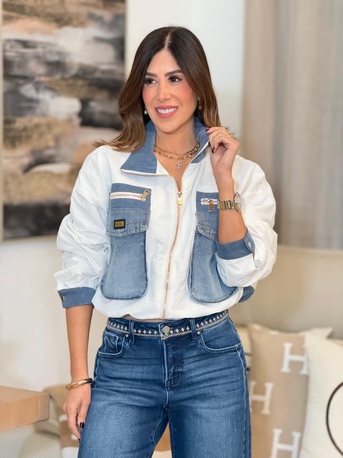 7230 White/Denim Pocks Jacket Top