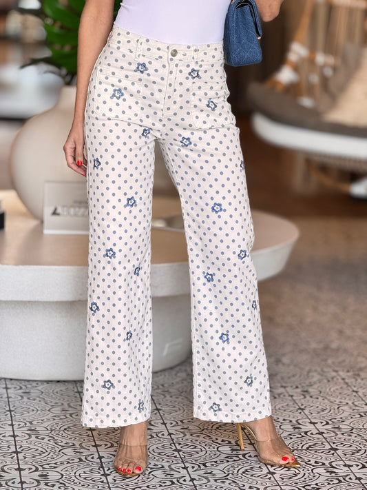 French White/Blue Floral Polka Dots Jeans