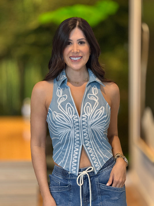 Milka Blue Embroidery Vest Top