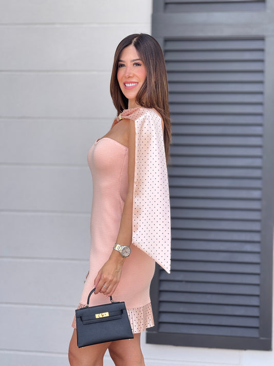 Melissa Peach Knit & Satin Polka Dots Dress