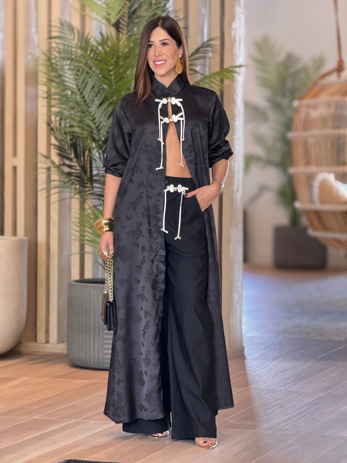 Tennie Black Satin Chinese Long Set