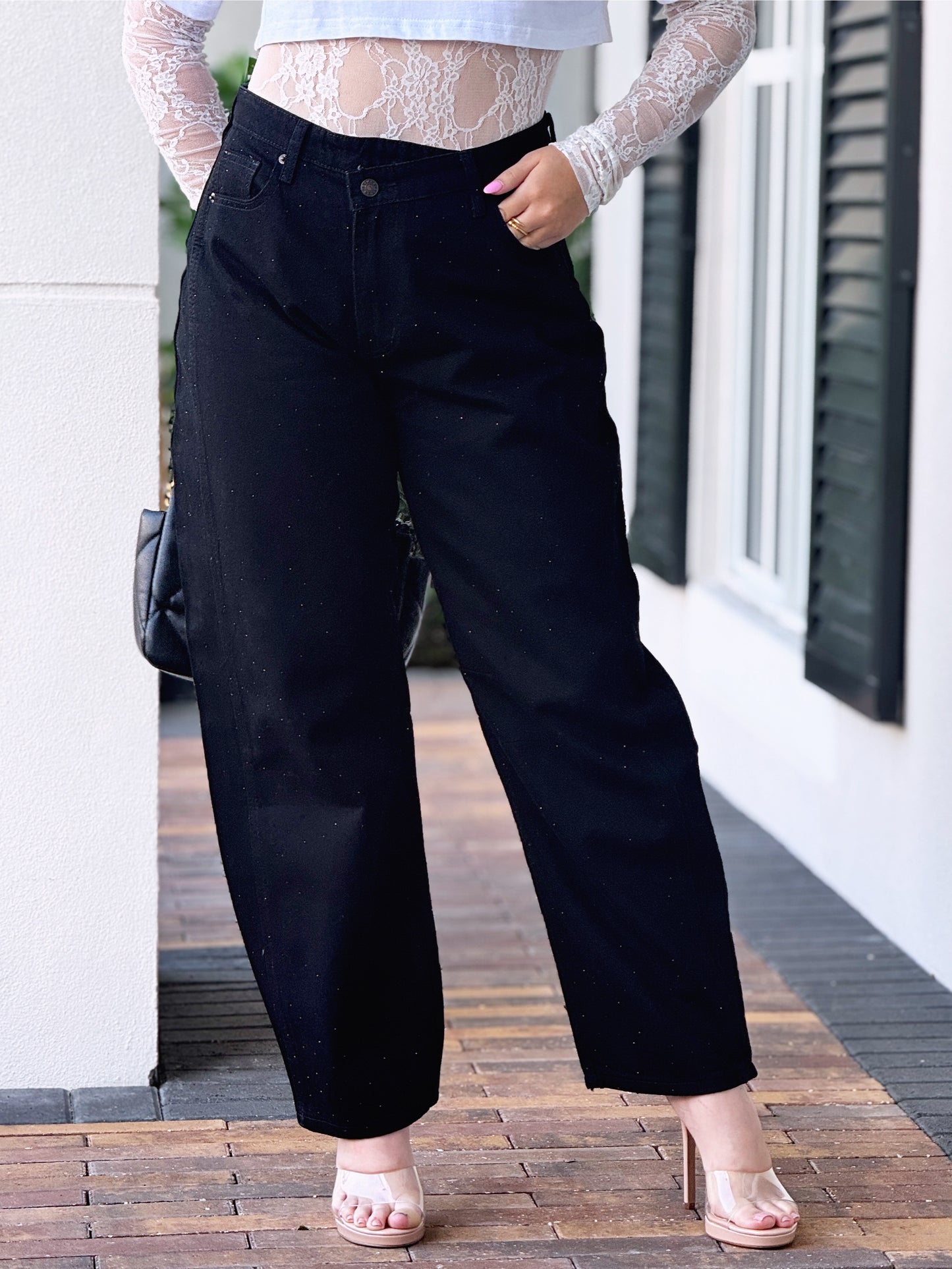 Kiwi Black Rhinestone Barrel Jeans