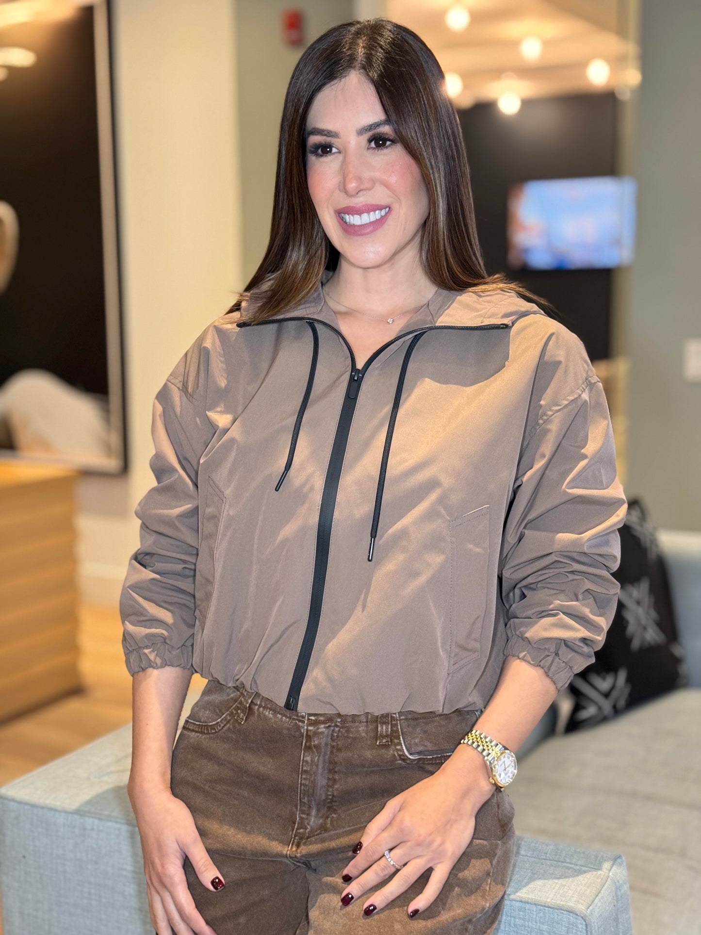 Loving Beige/Black Nylon Jacket Top
