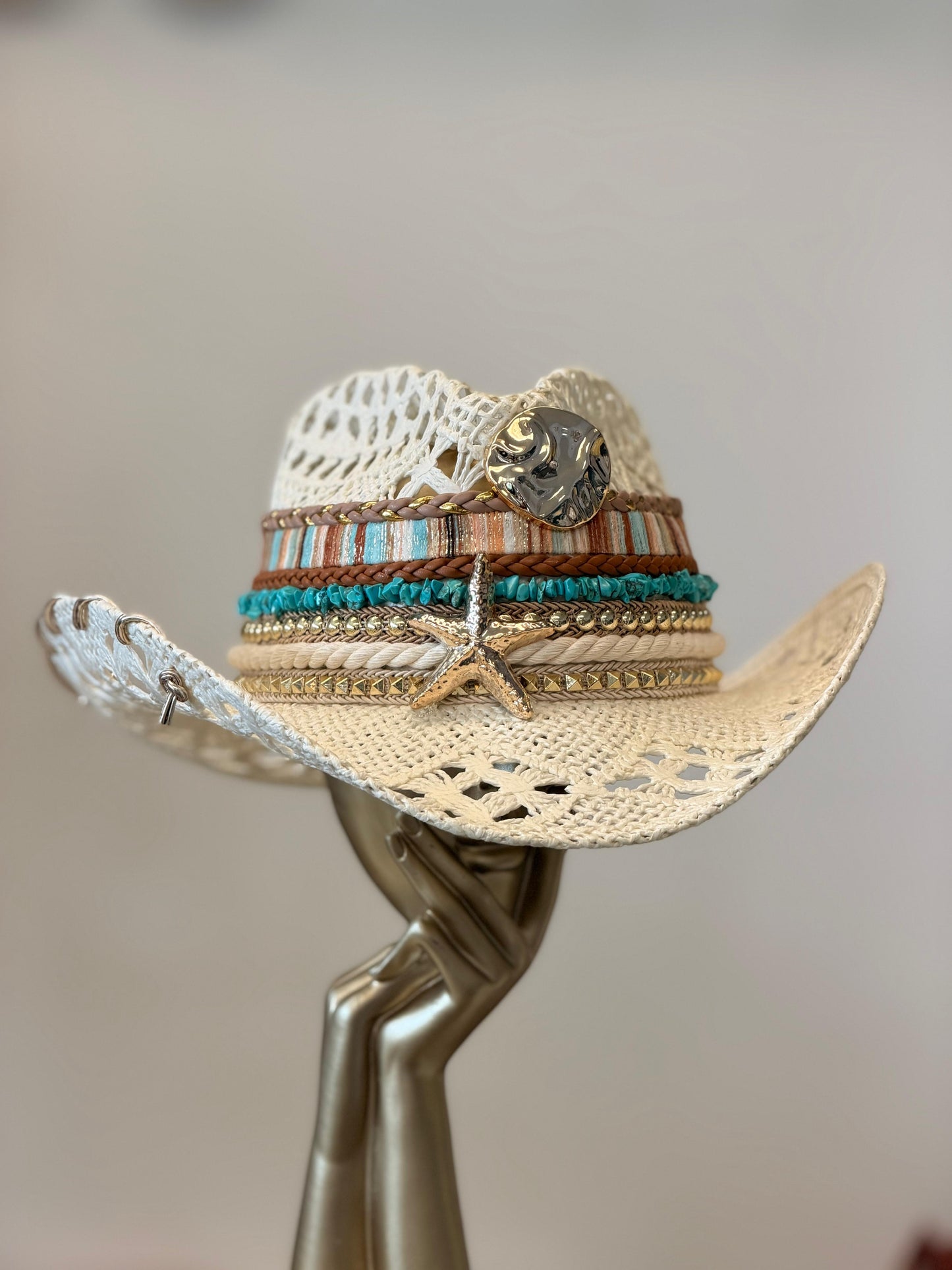 Boho Chic White Seashell Blue Hat