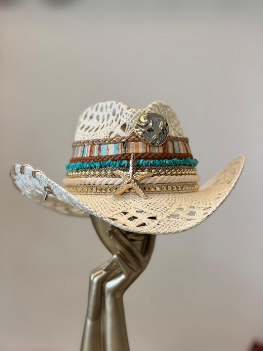 Boho Chic White Seashell Blue Hat