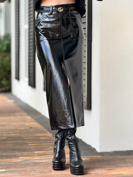 Manhattan Black Shiny Leather Skirt