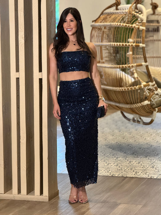 Angelica Midnight Blue Sequin Skirt Set Gala