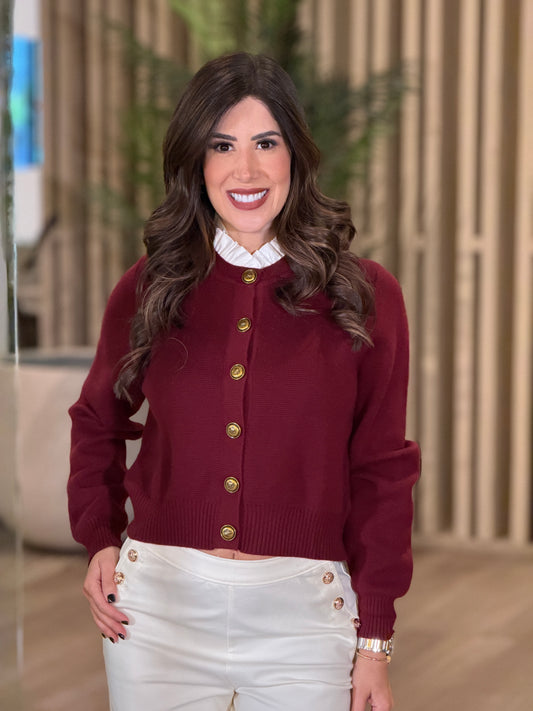 Lalavon Burgundy Collar Cardigan Top