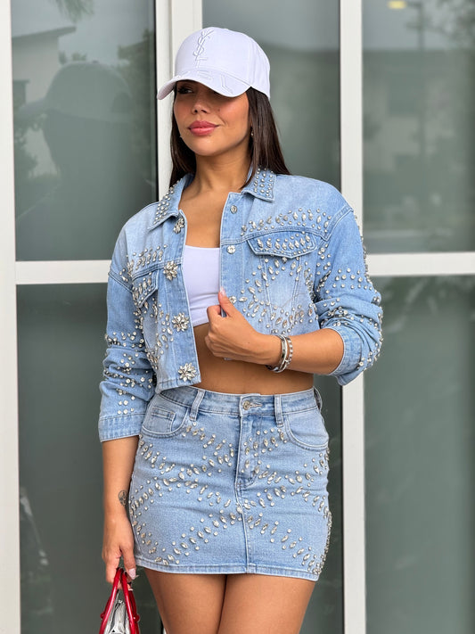 Aimee Denim Rhinestone Jacket+Skirt Set