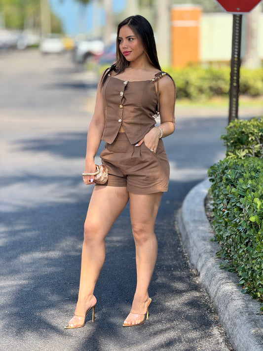 Penny Brown Linen Short Set