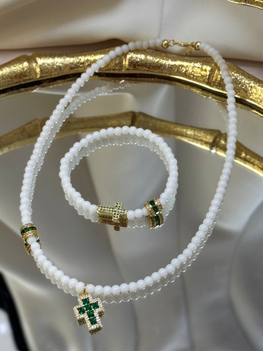 Green White Cross Necklace + Bracelet