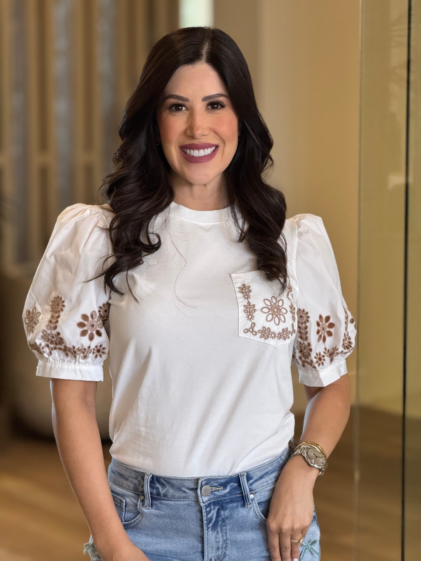 Pastel White Beige Embroidery T-Shirt