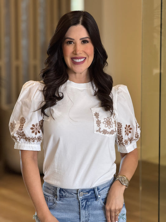 Pastel White Beige Embroidery T-Shirt
