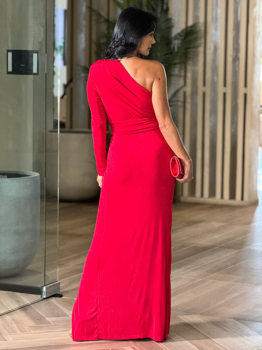 Norkys Red Velvet One Shoulder Dress Gala