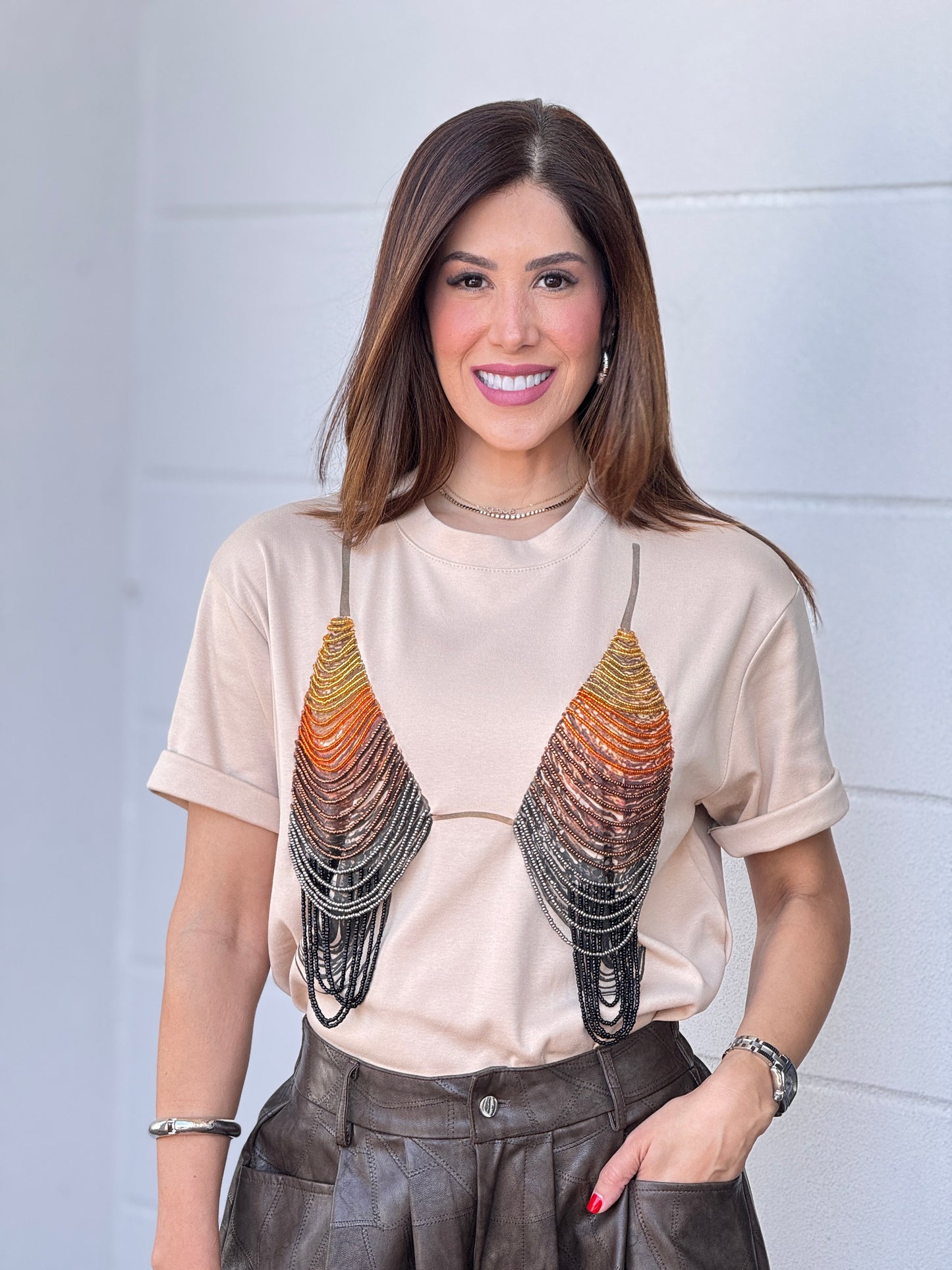 The Bra Embellished Beige T-Shirt