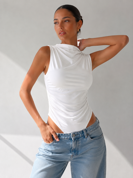 Voguish White Halter Bodysuit Top