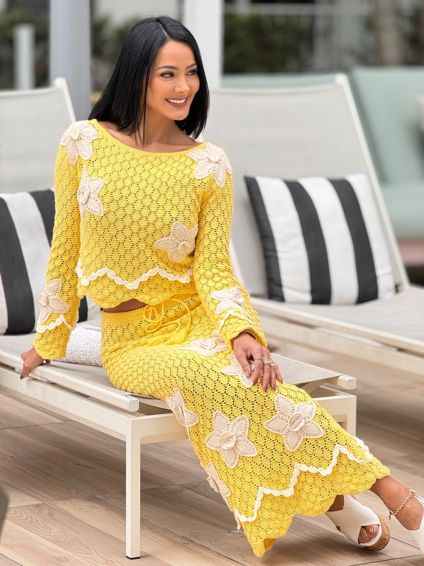 Lalavon Yellow Flowers Crochet Skirt Set