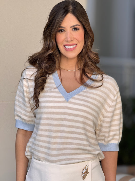 Italy Beige Lines Knit Top