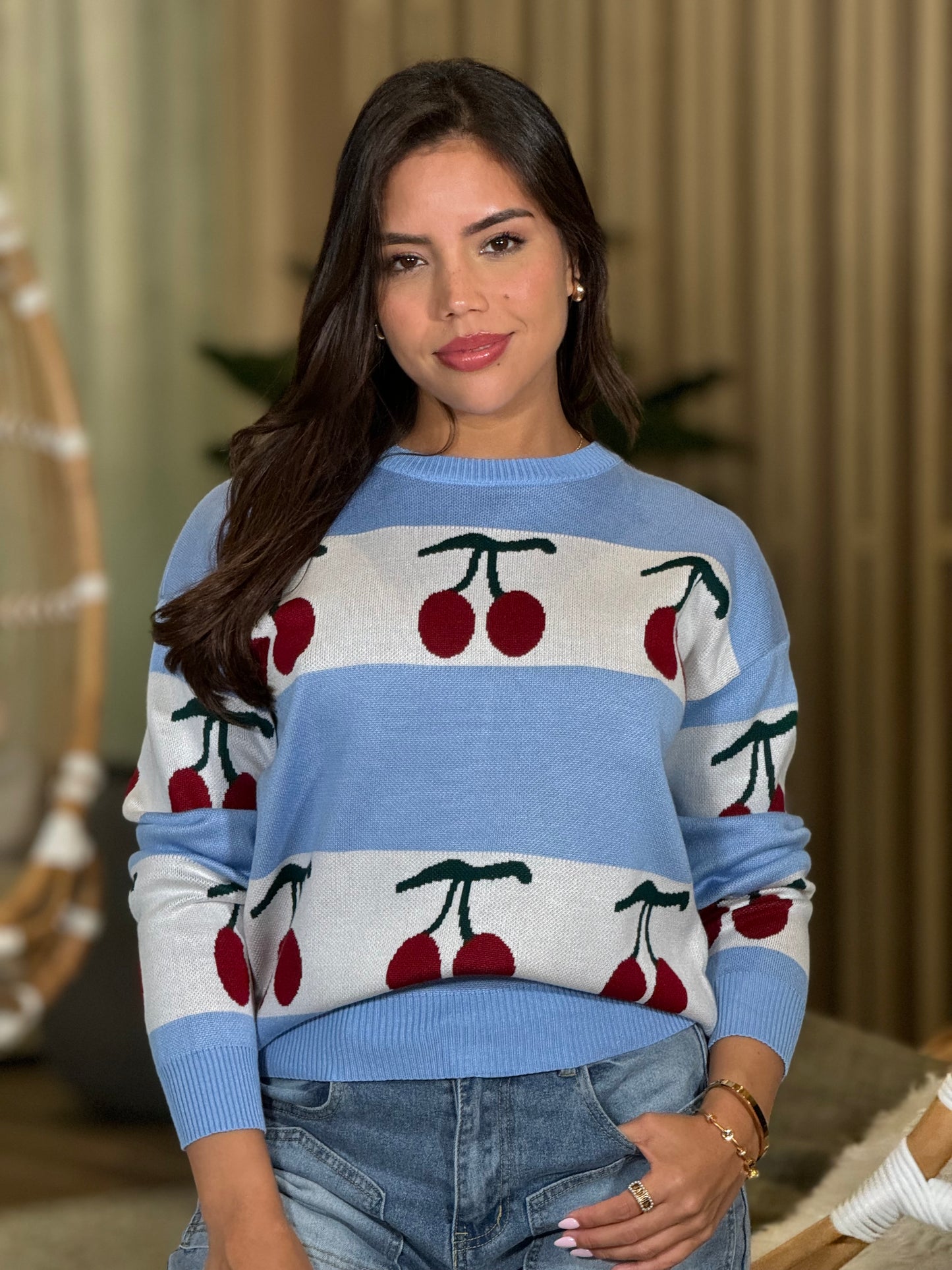 Cherries Blue Lines Sweater