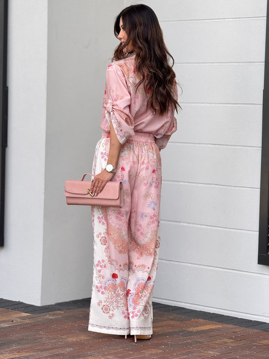 Gardenia Pink Floral Print Pants Set