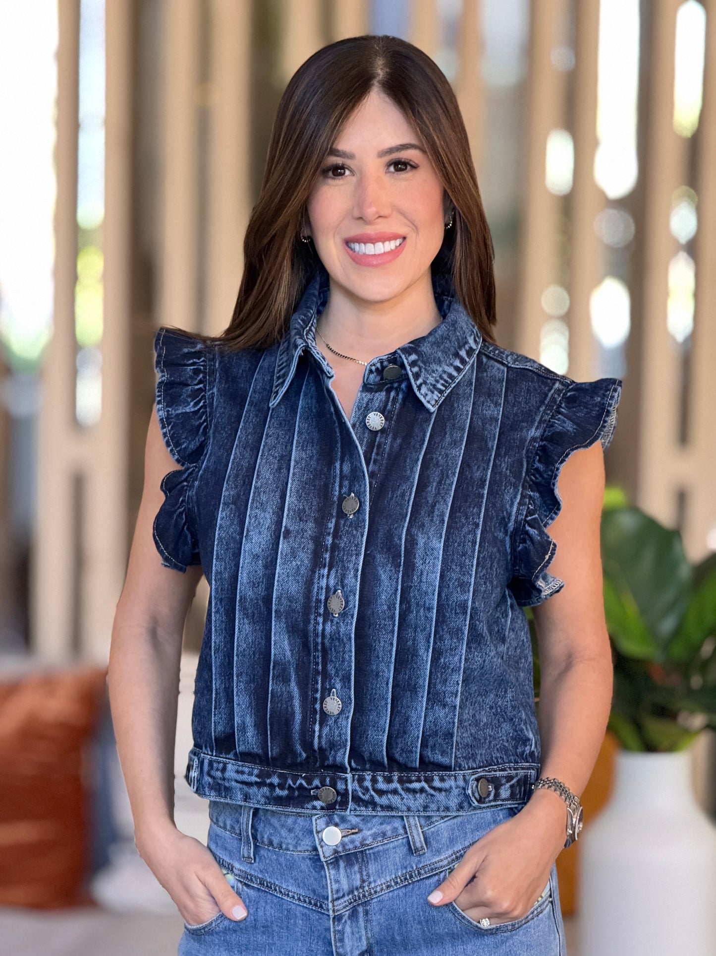 Veveret Dark Denim Ruffle Vest Top