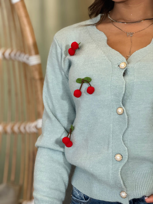 Cherries Turquoise Knitted Sweater