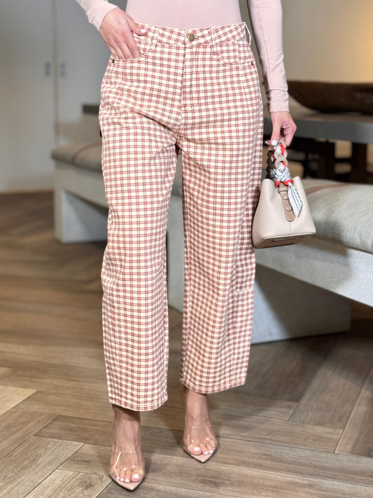 Miou Red Plaid Print Barrel Pants