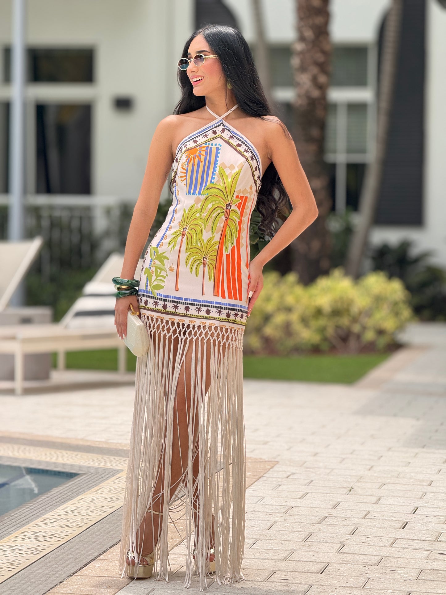 Bree Palms Print Fringe Dress