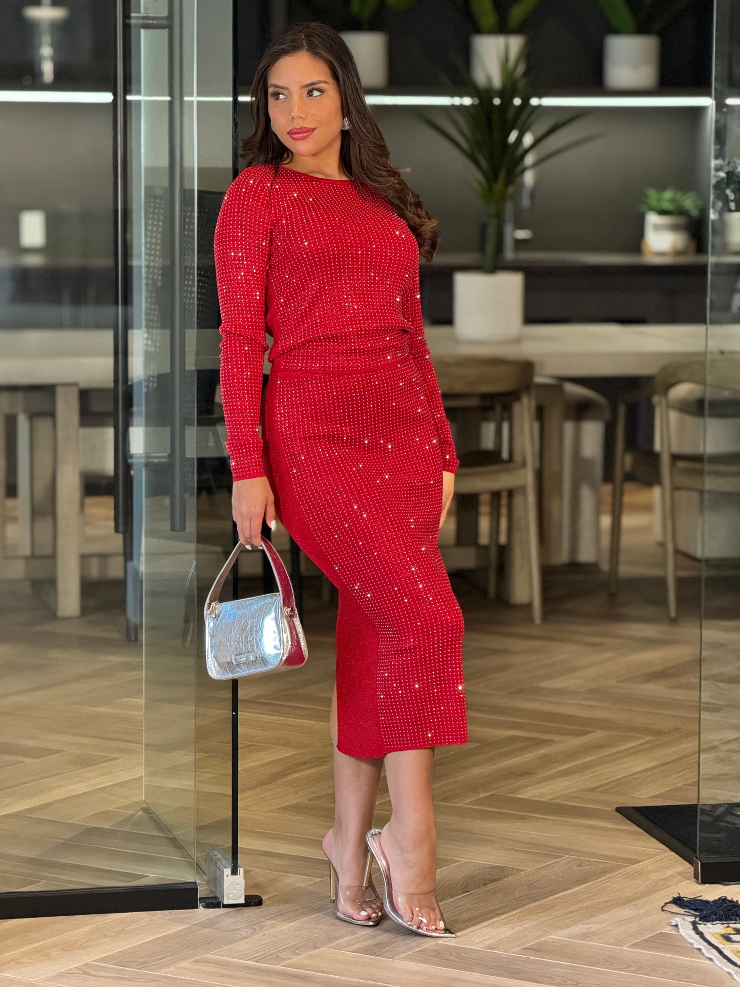 Wealth Red Rhinestone Skirt Set