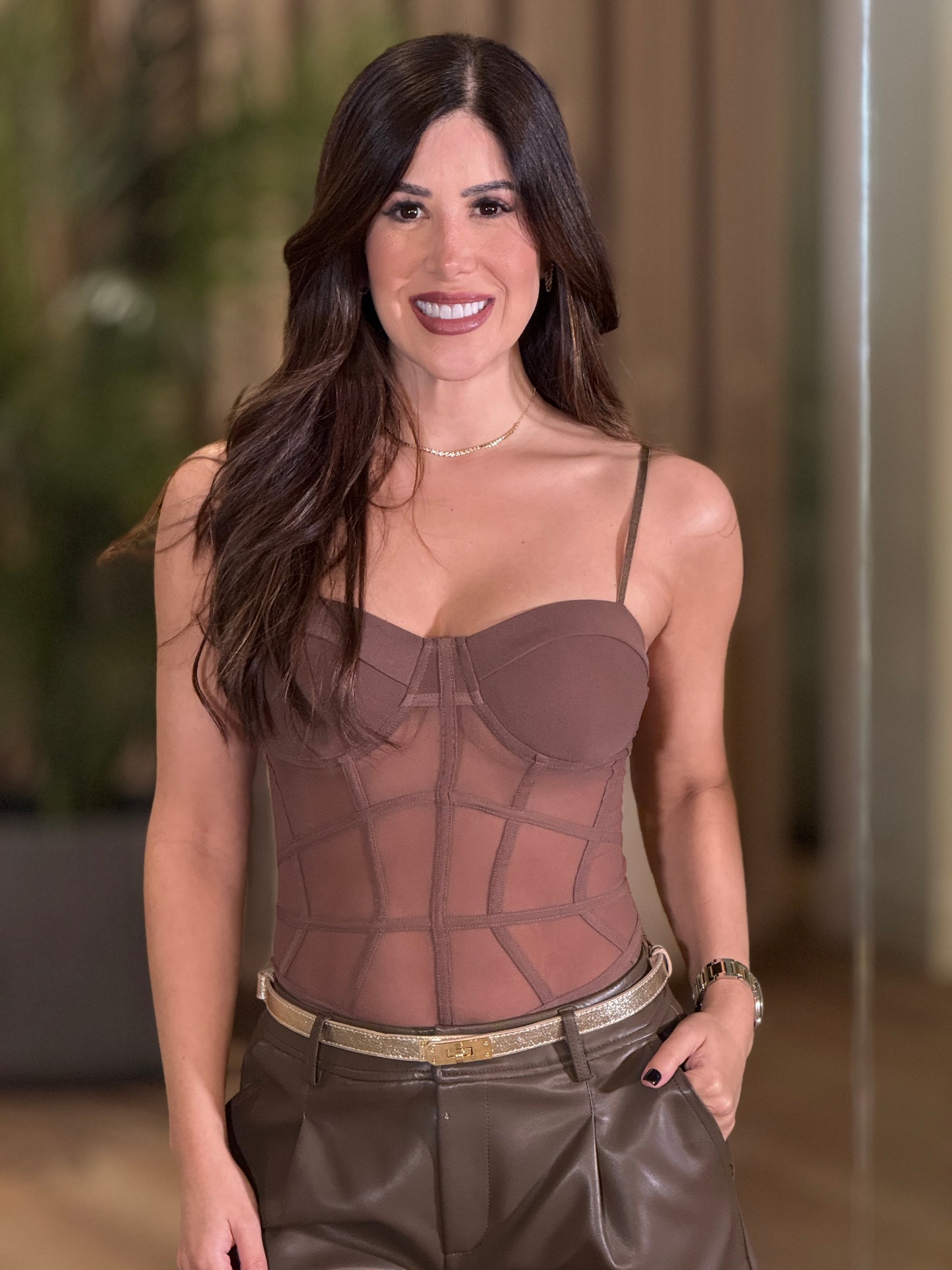 Kira Brown Mesh Bodysuit Top