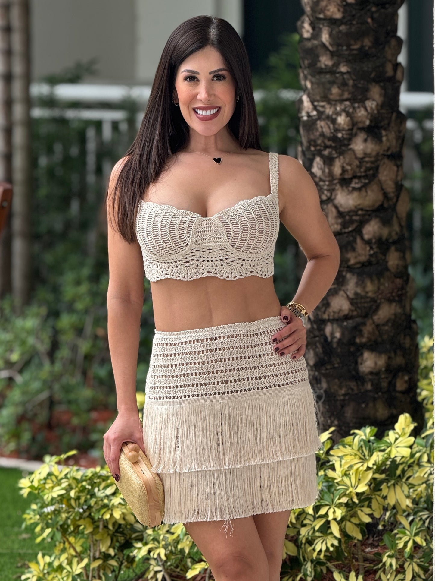 Cleo Beige Crochet & Fringe Skirt Set
