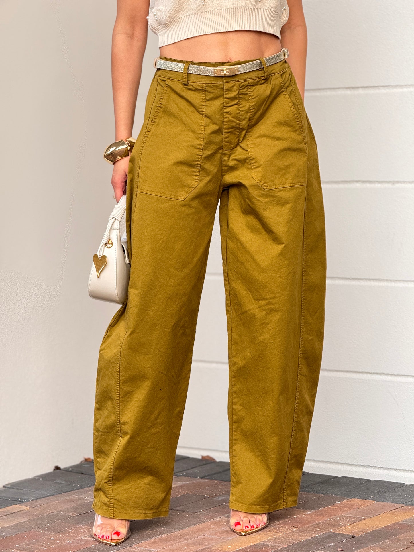 Italy Green/Gold Belt Barrel Pants