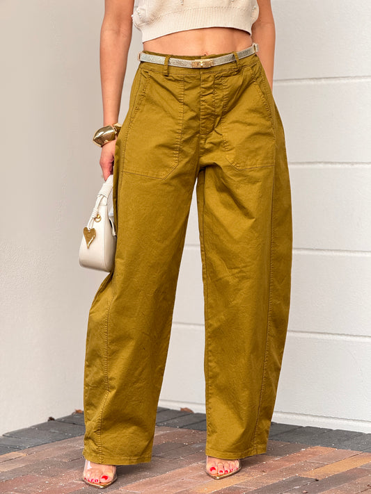 Italy Green/Gold Belt Barrel Pants