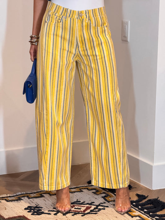 Amber Yellow Blue Lines Barrel Jeans