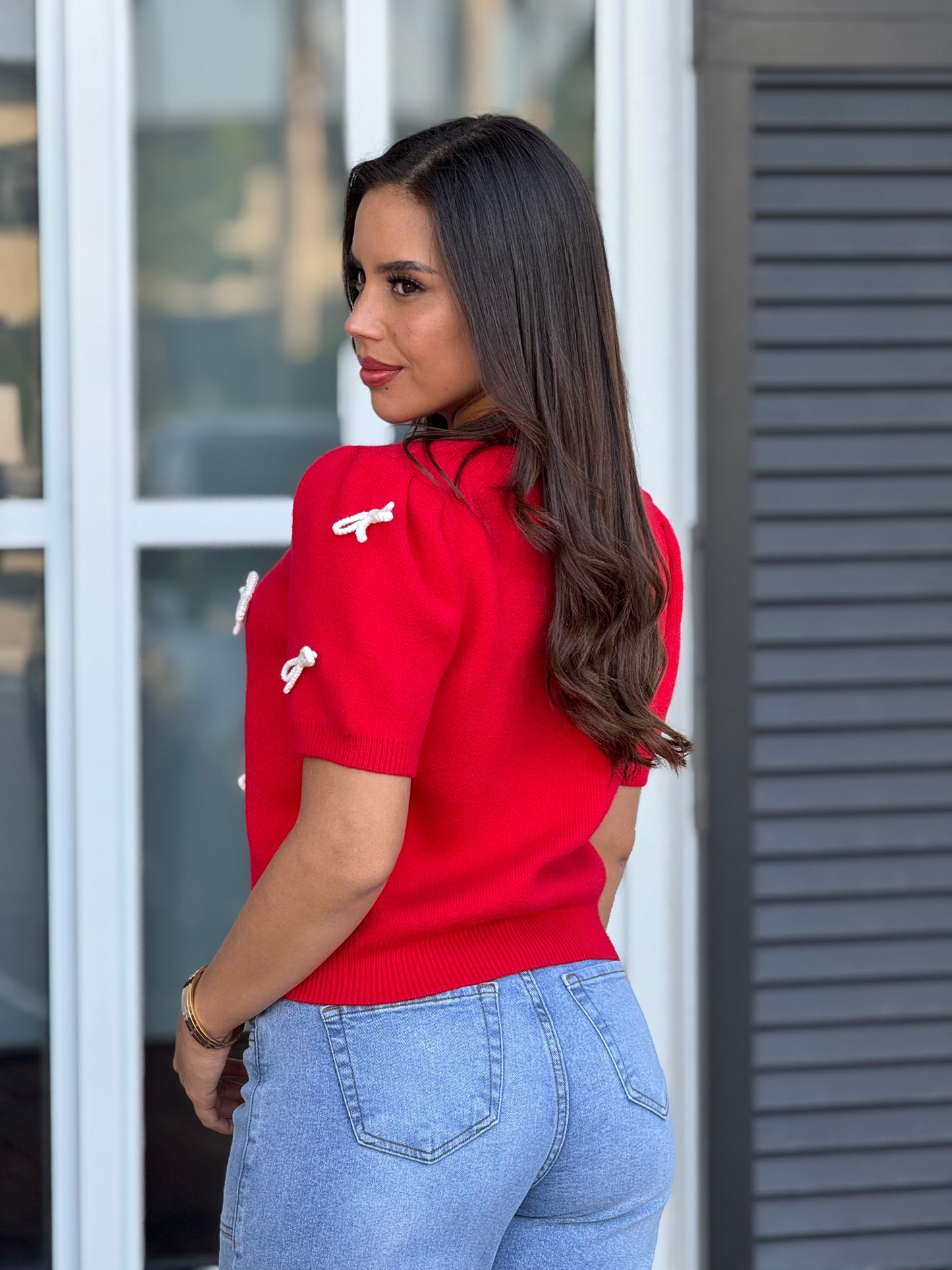 Snowy Red Bow knitted top