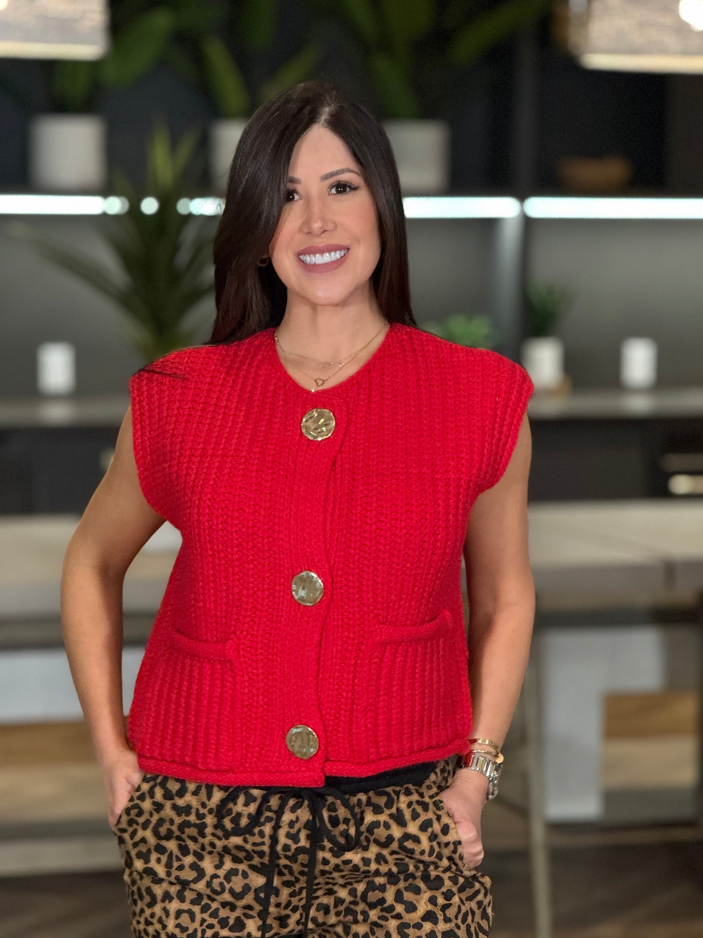 Angelica Red Knitted Gold Buttons Top