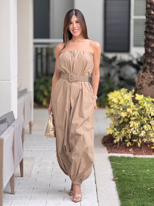 Jealousy Brown Strapless Baggy Jumpsuit